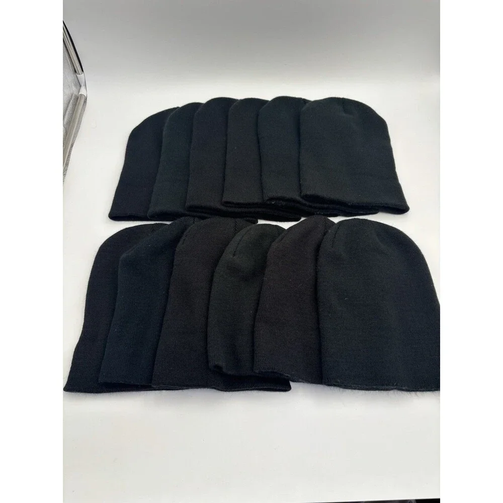 Lot of 12 Black Knit Beanie Hats Unisex Winter Skull Caps Stretch Watch Caps